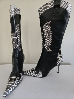 Bronx Black and White Embossed Leather Pointed Knee Boots